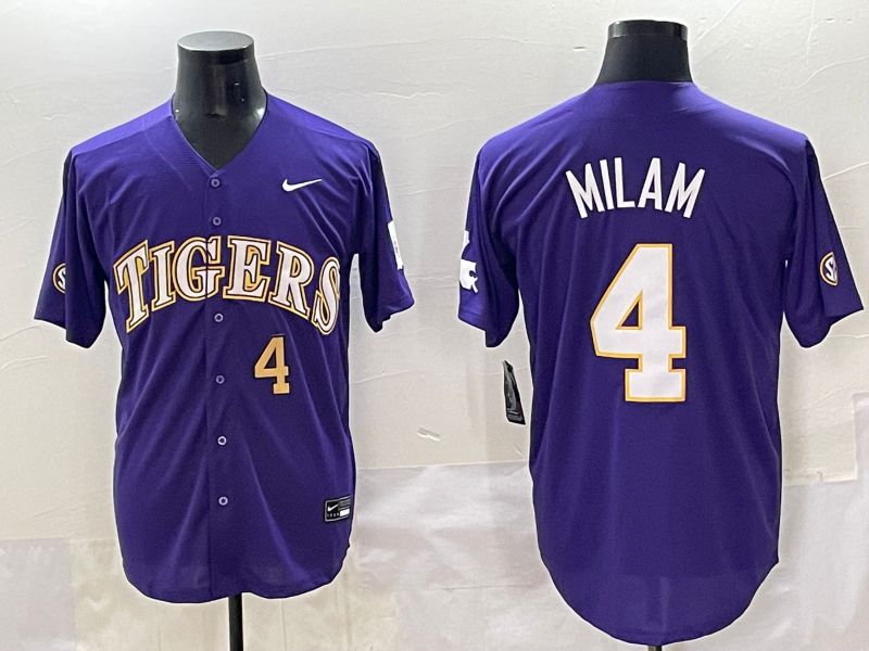 Men 2025 LSU Tigers #4 Milam Purple Joint Name Nike NCAA Jersey style 3